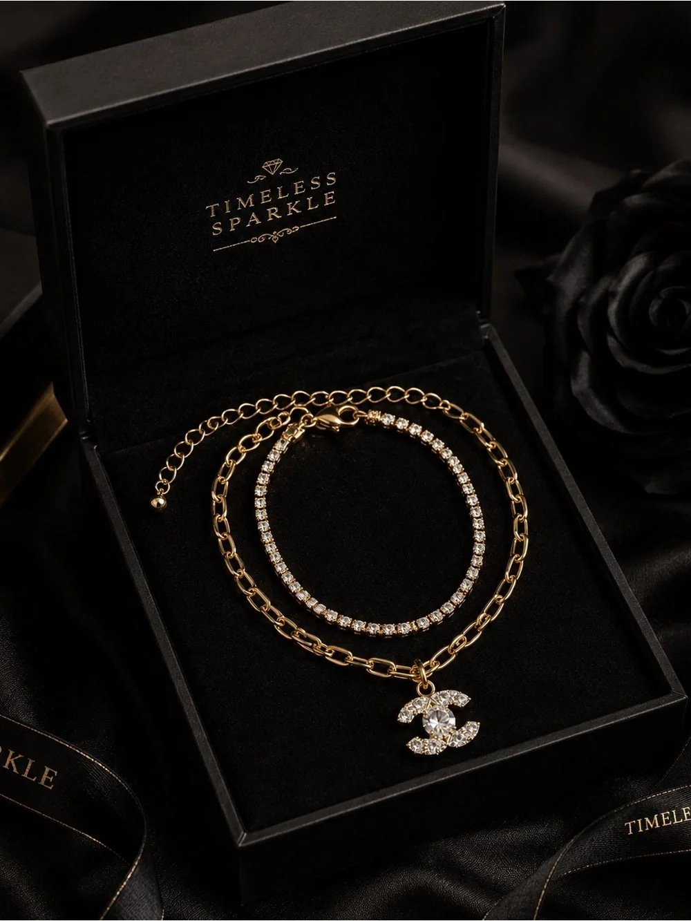 Gold and Crystal Double C Bracelet Set